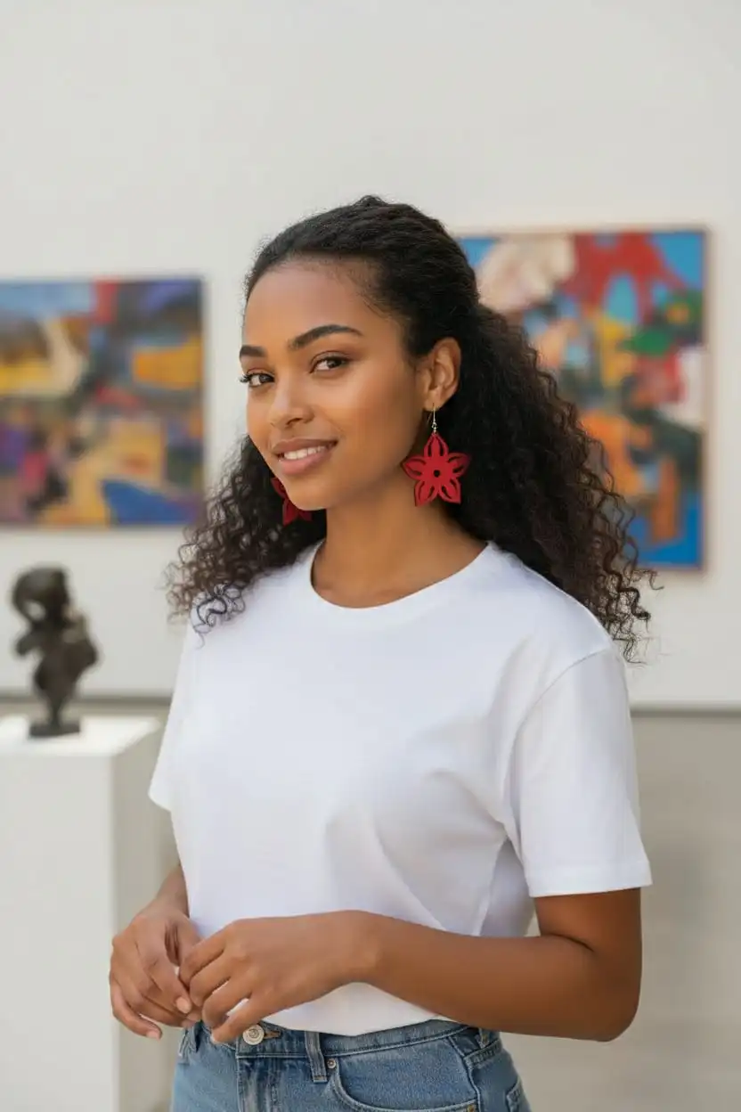 Boucles d’oreilles en bois motif fleur rouge – Atelier BO