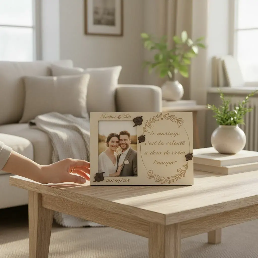 Cadre photo personnalisable en bois avec phrase gravée
